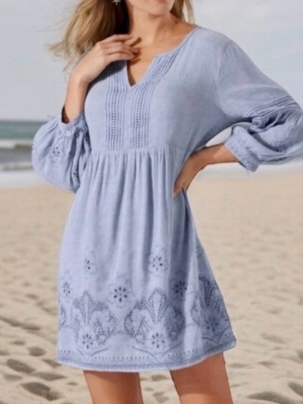 Tommy Bahama Billowy Blue St. Lucia Split Neck Mini Dress Linen Blend Small